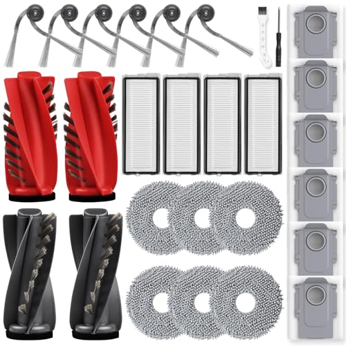 28-Piece Accessory Set for Roborock Qrevo Curv/Qrevo Edge/Qrevo S5V Robot Vacuum Cleaner with 2 Pairs of Main Brushes, 6 Wipes, 4 Filters, 6 Dust Bags, 6 Side Brushes, 1 Cleaning Brush, 1 Screwdriver