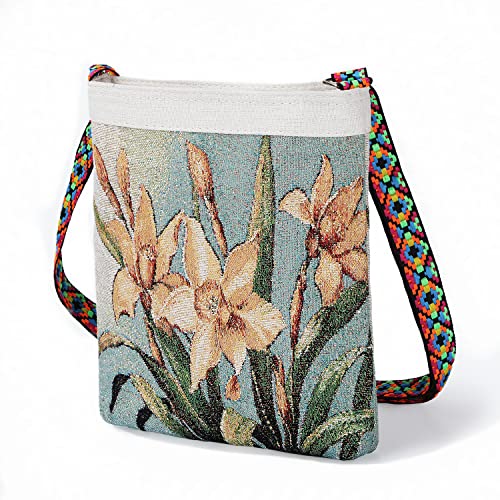 Mini Hippie Boho Shoulder Bag, Hobo Crossbody Purse-Women's Canvas Bag with Adjustable Strap, Girls Small Sling Handbag, Vintage Embroidered Flower Coin Phone Purse