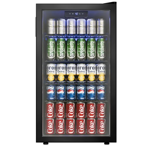 Icyglee Beverage Refrigerator Cooler, 126 Can Mini Fridge with Glass Door for Wine, Soda Beer, Beverage Cooler for Home, Bar, Office with Adjustable Removable Shelves, Black