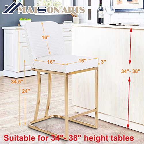MAISON ARTS White & Gold Counter Height Bar Stools with Backs Set of 2 for Kitchen Counter 24