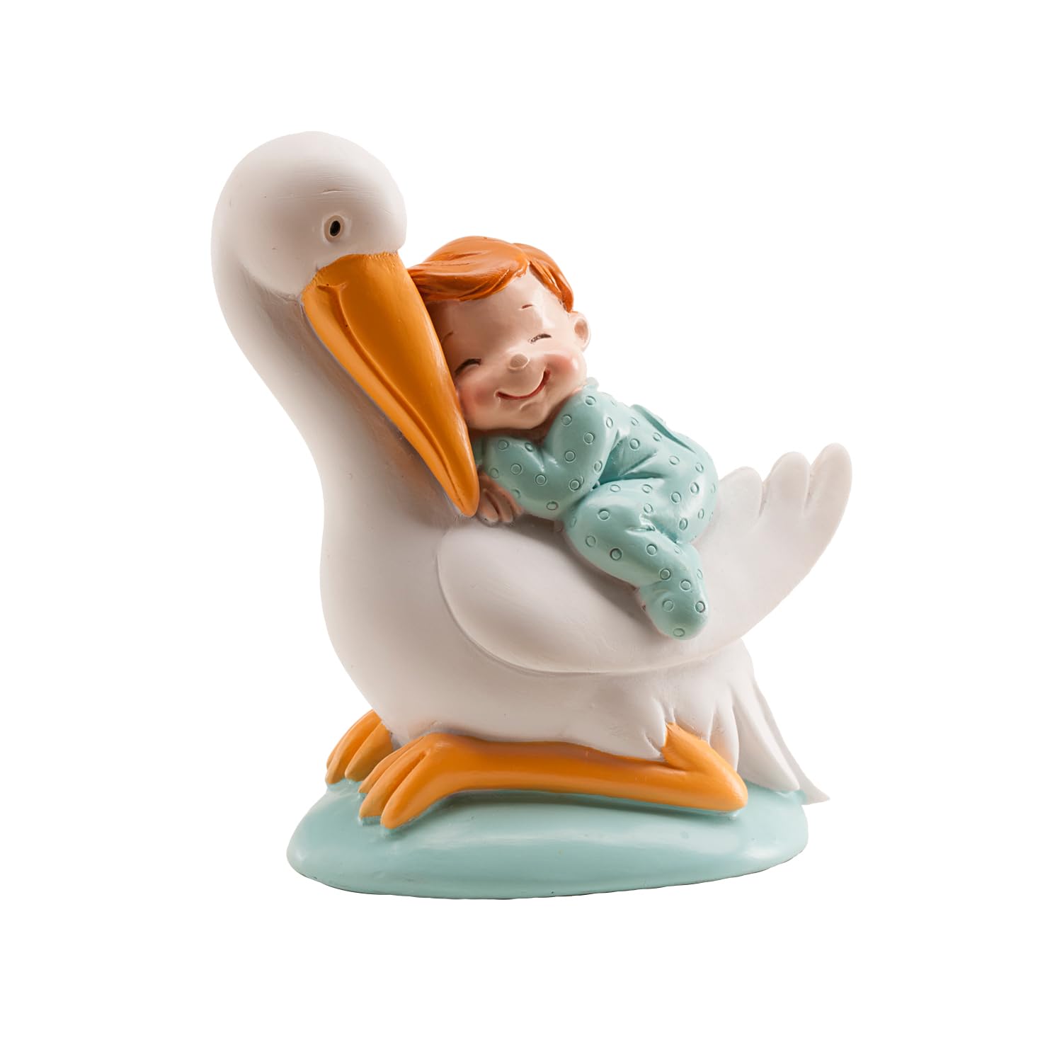 dekora - Christening Cake Topper, baby boy with blue sleeping stork cake decoration for Christening & Baby Shower - 10 cm