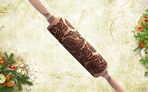 Paisley Wooden Rolling Pin Embossing Woody 3D Laser Engraved Rolling Pin for Baking Cookies Biscuit Fondant Cake Dough Clay - Thumbnail 4