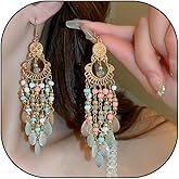 Boho Long Tassel Chandelier Dangle Earrings for Women,Gold Disc Filigree Colorful Teardrop Beaded Hook Earrings,Vintage Geometric Statement Jewelry