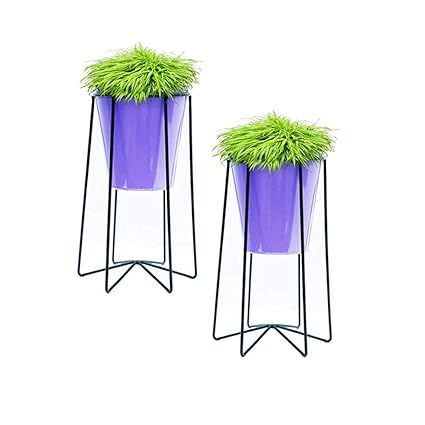 Ascent Homes Iron Flower Pot Stand with Metal Bucket Planter (Purple) - Set of 2