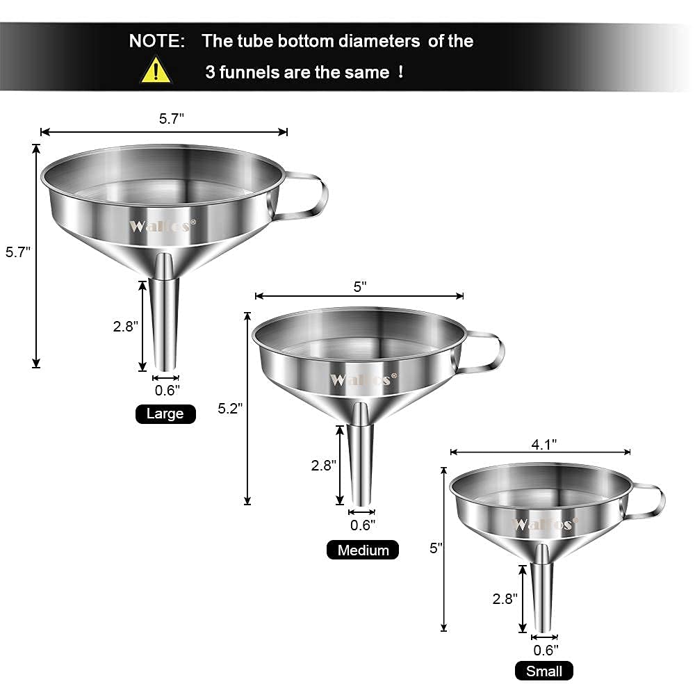Stainless Steel Funnel, Walfos 3 Pack Kitchen Funnel with 2 Removable Strainer ＆ 1Pcs Cleaning Brush, Perfect for Transferring of Liquid, Oils, Jam, Dry Ingredients & Powder
