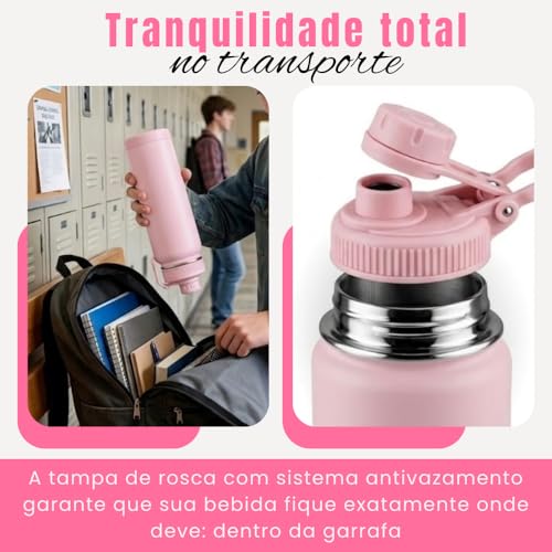 Garrafa de Água Térmica Inox 800ml - Garrafa Inox Portátil, BPA Free, Antivazamento, Parede Dupla Isolamento a Vácuo Quente e Frio - Garrafinha Academia Corrida Escritório - Amel (Rosa)
