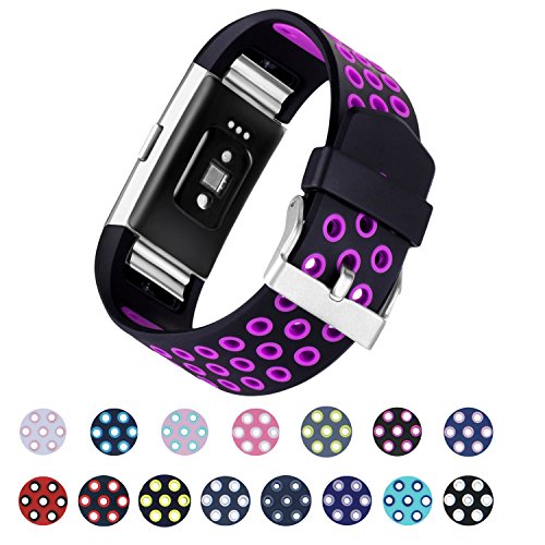 For Fitbit Charge 2 Bands, I-SMILE Two-color Compression Adjustable Replacement Wristband for Fitbit Charge 2 Bands(No tracker, Replacement Only) (Black-Purple, Large)