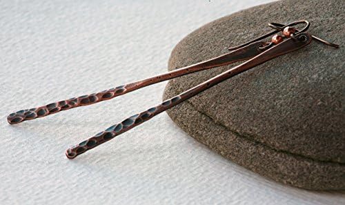 Rustic Copper Minimalist / Tribal Style Hammered Dimple Stick Dangle Earrings in Antique Patina