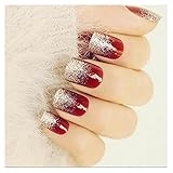 Dongcrystal Set of 24 False Nail Chic Wine Red Fake Nail with Bling Silver powder Full Cover Medium Nail Tips