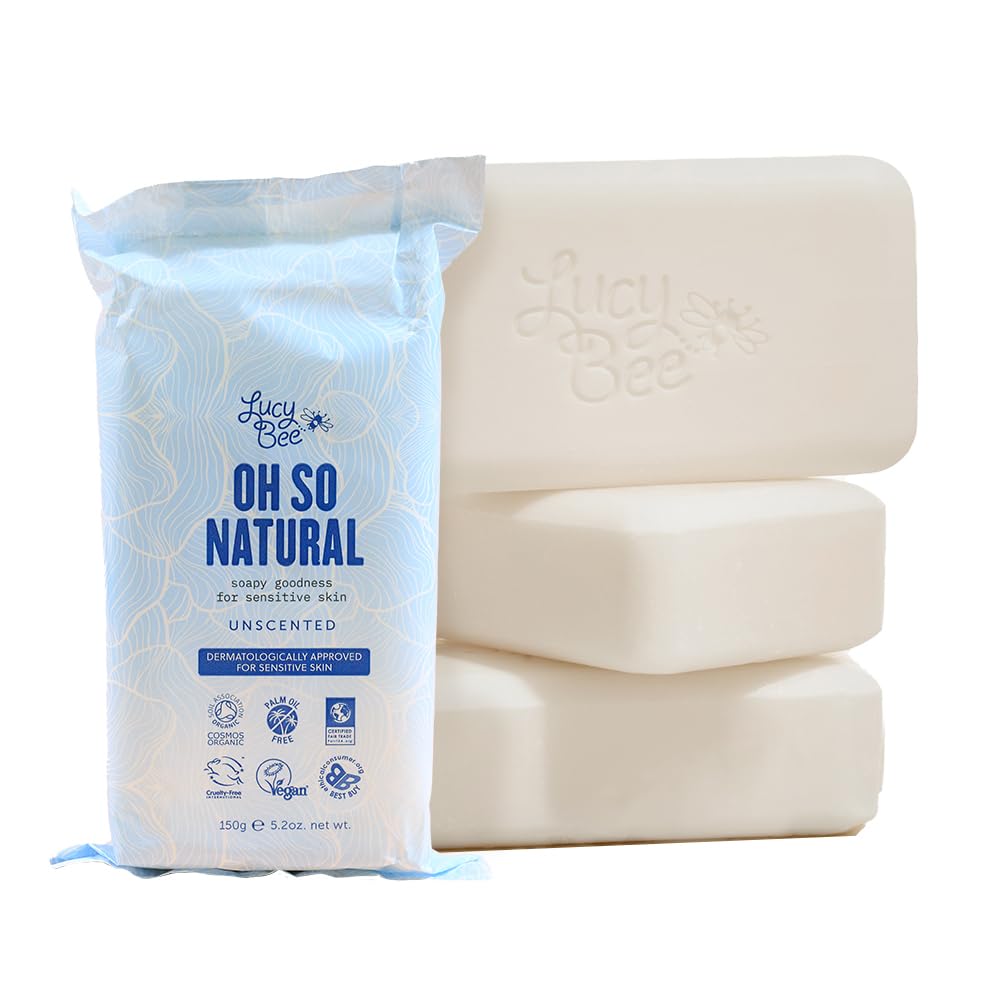 Lucy Bee Certified Organic & All Natural Soap Bar 4 Pack, Moisturising & Rejuvinating, Dermatologist Approved for Sensitive Skin, Unscented & 100% Palm Oil Free, 150g x 4