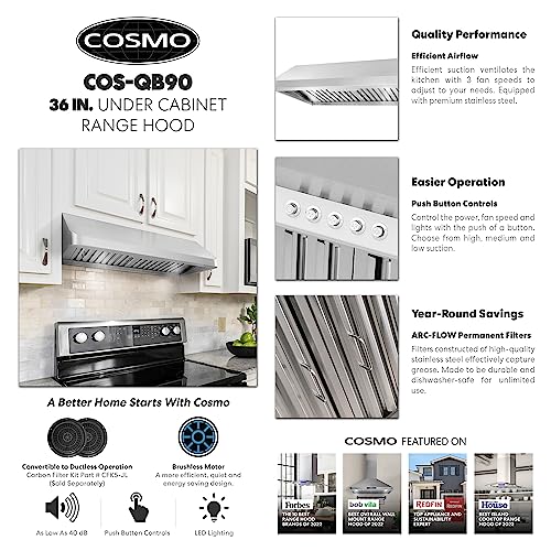 COSMO COS-QB90 36 in. Haven Collection 500 CFM Ducted Under Cabinet Range Hood, Button Control, LED Lights, Stainless Steel
