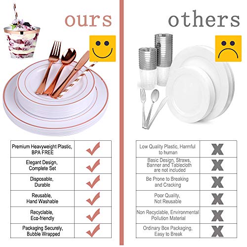 192 PCS 20 Guests Rose Gold Disposable Plastic Tableware Set, BPA Free Plastic Plates Silverware Includes Dinner Plates, Dessert Plates, Plastic Cutlery, Cups, Napkins, Straws, Banner & Table Runner. - Thumbnail 3