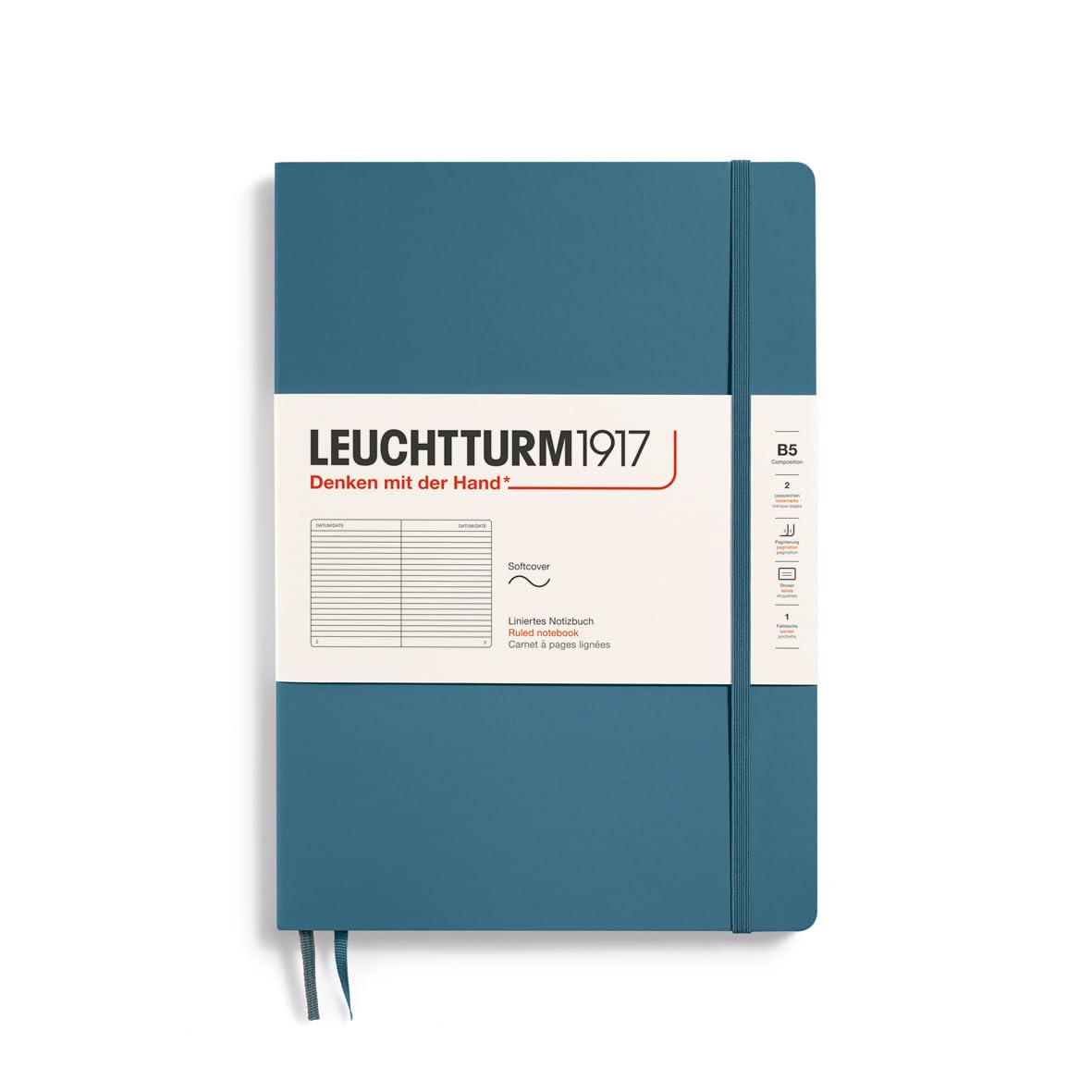 LEUCHTTURM1917 365638 Notebook Composition (B5), Softcover, 123 Numbered Pages, Stone Blue, Ruled