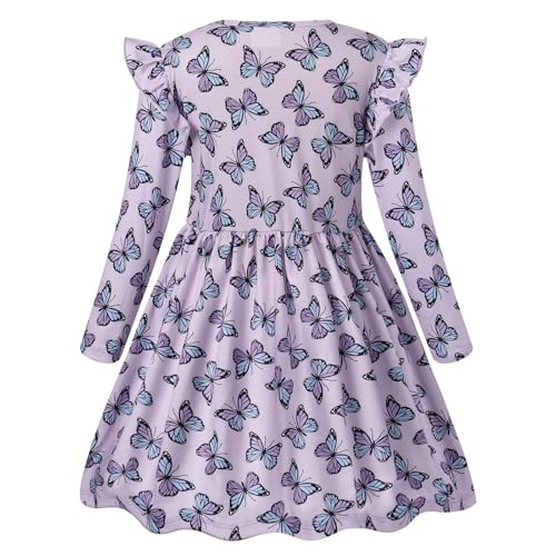 VASCHY Girls Dresses, Dress Long Sleeve Short Printed Dress Unicorn Princess Butterfly Mermaid Dresses Clothes Cotton Summer Party Holiday Dress 3-10 Years