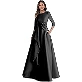 Juidei Long Sleeve Mother of The Bride Dresses for Women Satin Ruffle Fall Formal Evening Dresses with Pocket