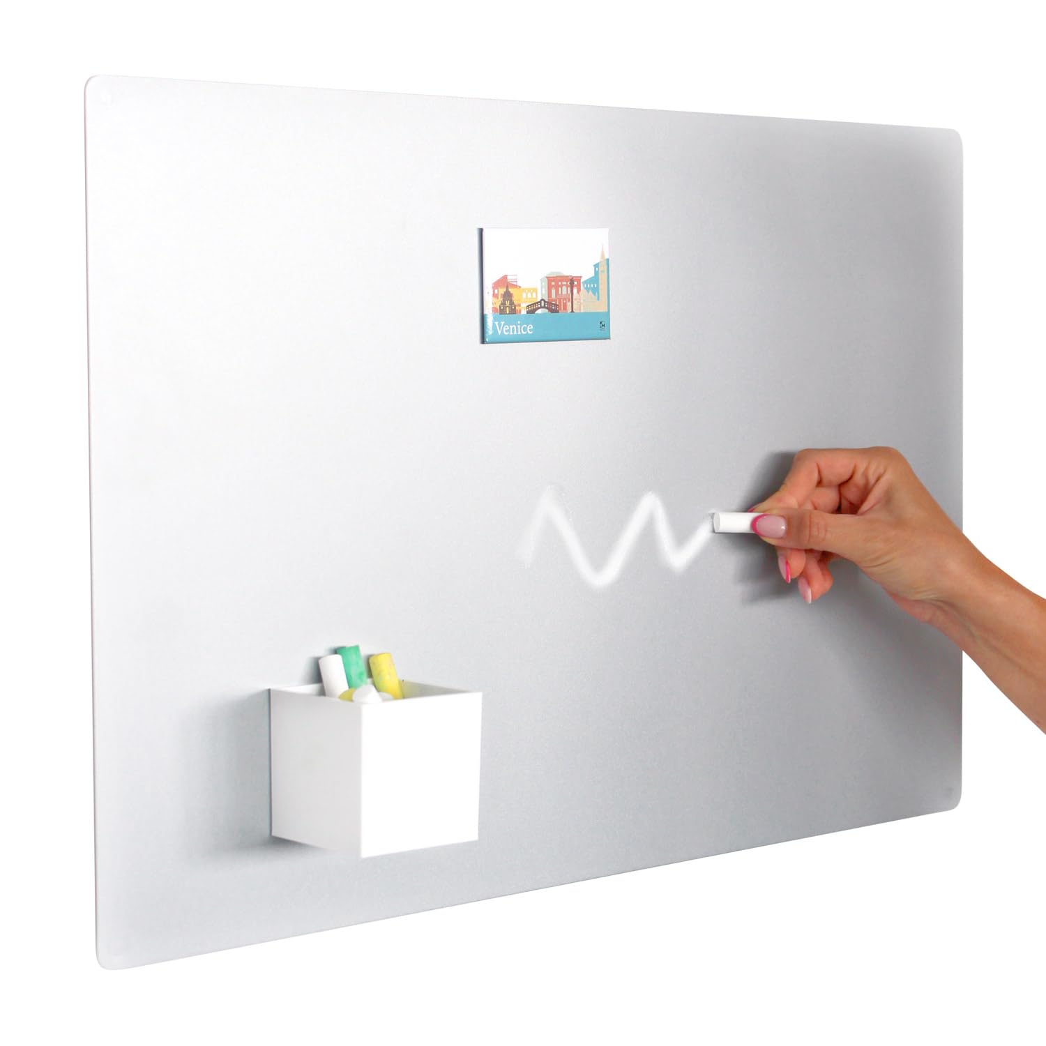 KalaMitica - Magnetic Chalkboard for Wall - Steel Chalk Board, Writable with Chalk and Erasable, Magnet Board for Fridge Magnets - Silver (Light Grey), 56x38 cm