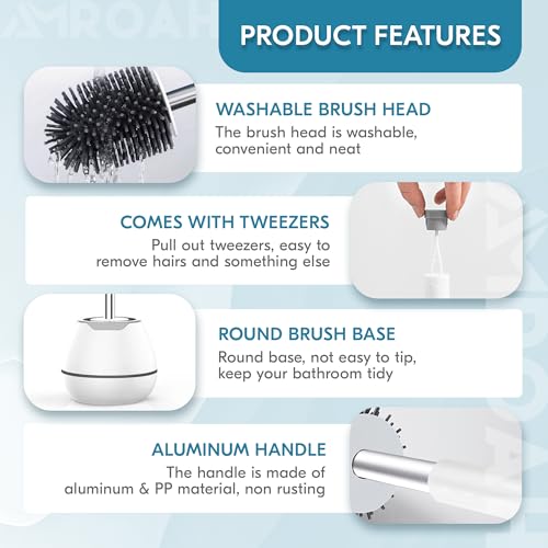 AMROAH Silicone Toilet Brush and Holder Set with Long Handle for Bathroom, Compact Cleaner Brush Toliet Bowl Floor Standing Plastic for Deep Cleaning Scrubber Under Rim