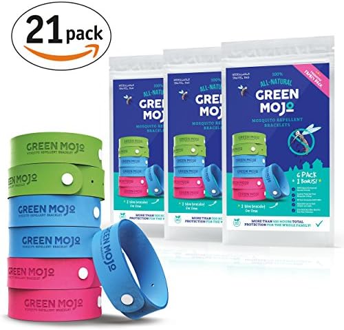 Green Mojo 100% Natural Mosquito Repellent Bracelet 21-COUNT (3 Packs of 7) – Family Value Pack – Safe &amp; Easy Insect Repellent – Improved Geraniol Formula – No DEET – Safe for all Ages