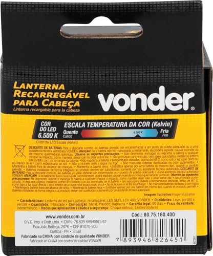 Vonder, Lanterna De Led Para Cabeça, Recarregável, Led Smd, Lcv 400.