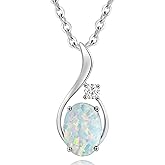 FANCIME 14K Solid White Gold Oval Gemstone Necklace with Diamond Pendant Gifts for Mom Women,16"+2" Inches