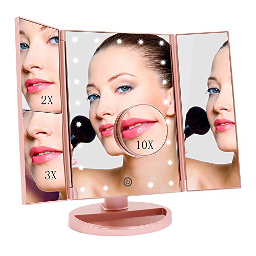 Makeup Mirror with Lights 21 LED Tri-Fold Illuminated Vanity Mirror 1x/2x/3x/10x Magnification Dimmable Touch Screen Tabletop Cosmetic Mirrors 180° Rotation Two Power Supply Light Up Mirror