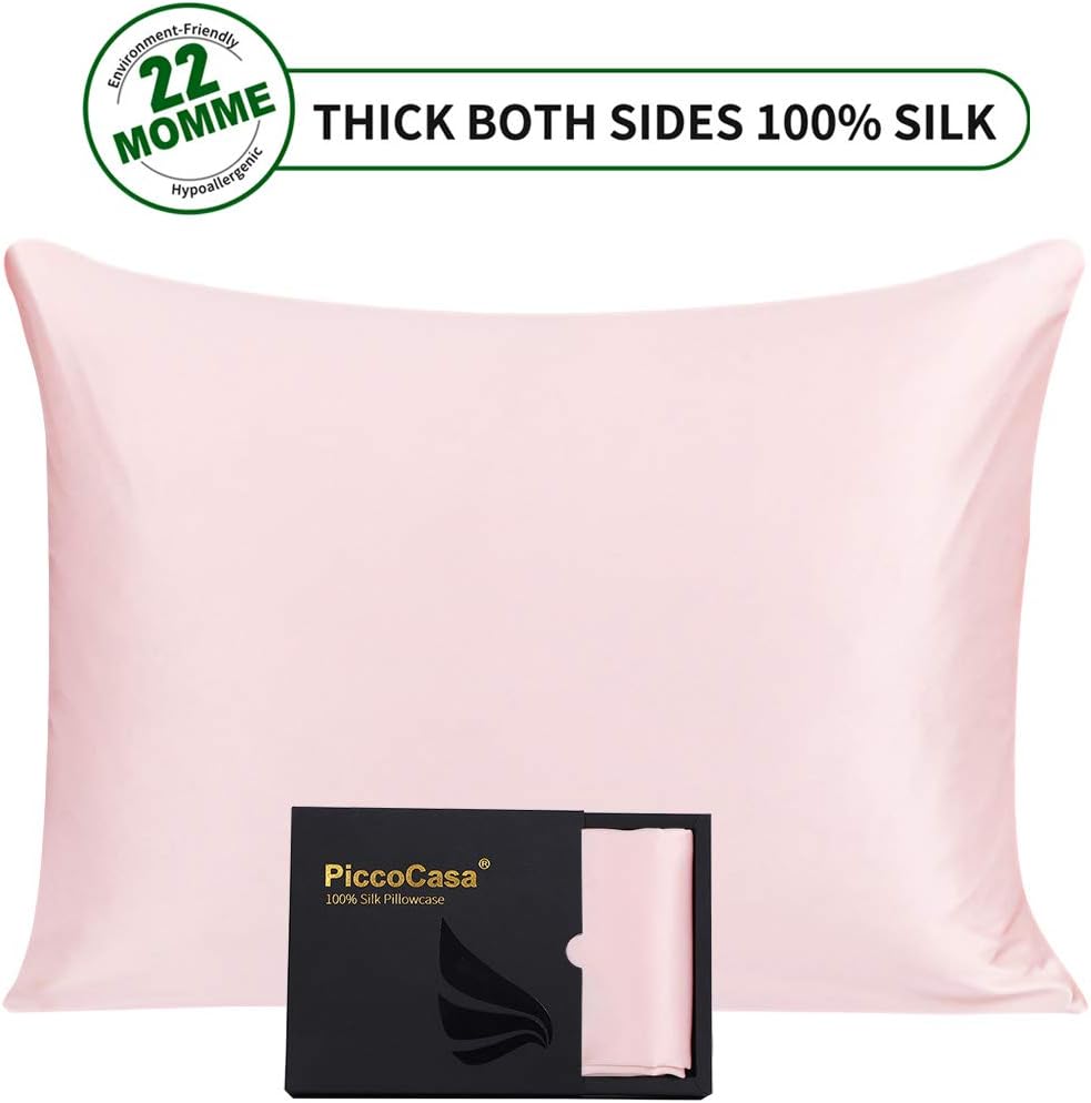 PiccoCasa 100% Pure Silk Pillowcase 550TC 22 Momme Silk Pillow Cases Soft Breathable Both Sides Silk for Hair and Skin with Hidden Zipper, King 20x36 Inch, Pink