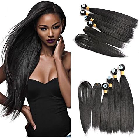 Silky Straight Hair Weaves 4 Bundles Natural Black Synthetic Hair Extensions Mixed Size with Free Top Closure and Bang for Elegant Famale by UQinZ (10" 12" 14" 16")