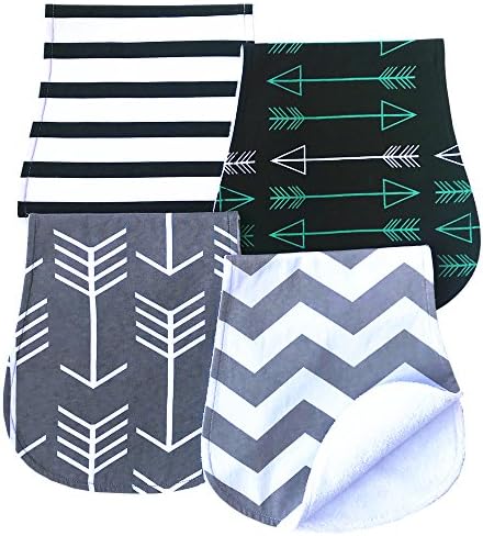 Arnzion Burp Cloths for Boys and Girls Curved Design Soft Absorbent Baby Bibs Pads Set Triple Layer Unisex 4 Pack Wave Stripes Arrows
