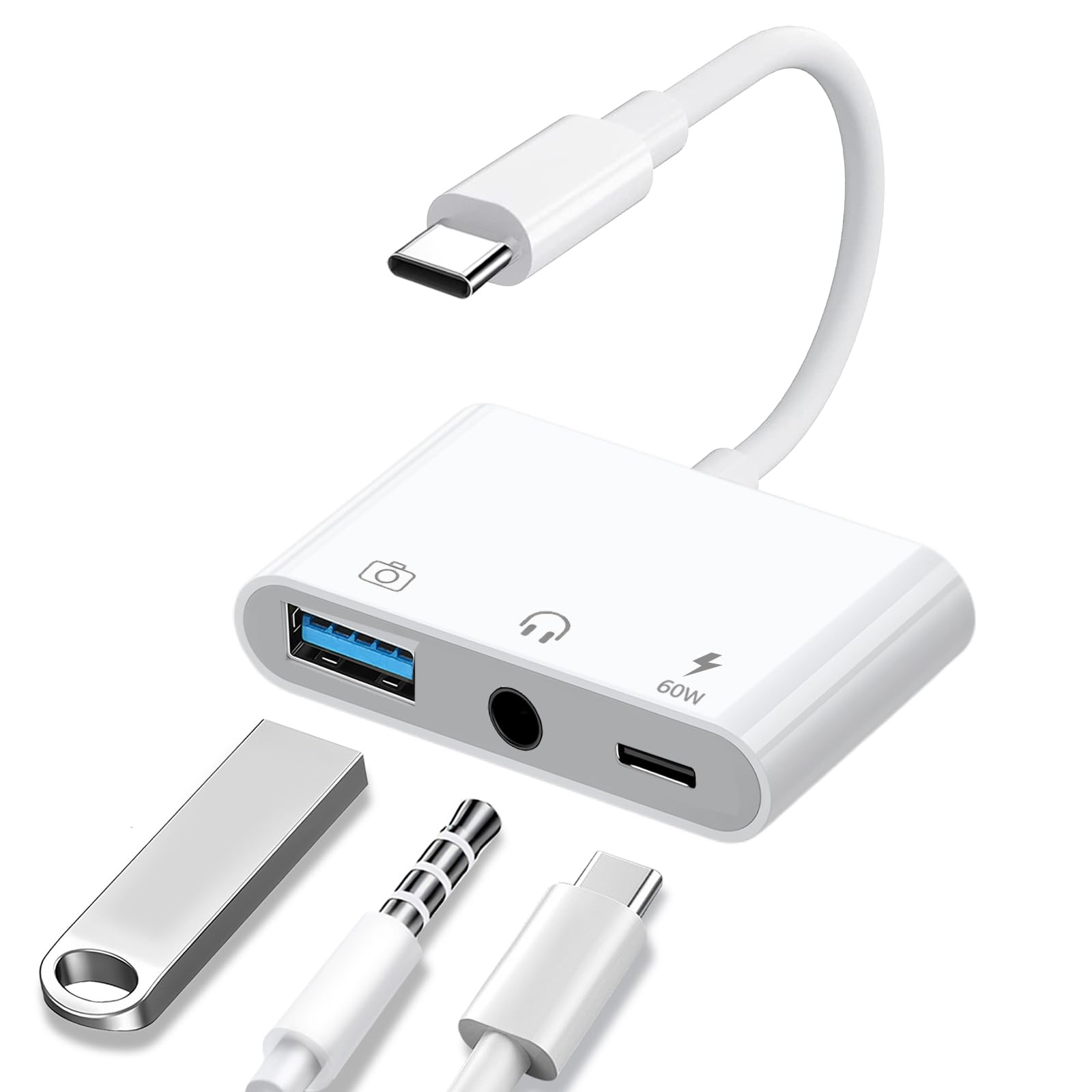 Photo 1 of Aux to USB C to USB Adapter, 3-in-1 USB OTG Adapter with USB C to 3.5mm Audio Adapter and 60W PD Fast Charging Port, Compatible with iPhone15/16/17, iPadPro, MacBook, Galaxy S23 and More