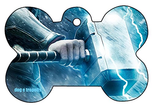 Thor God Hammer Sign Symbol Pet ID Dog Cat Tag Identification Personalize Custom Bone Hear Shape with Key Ring (Blue Hammer, Bone)