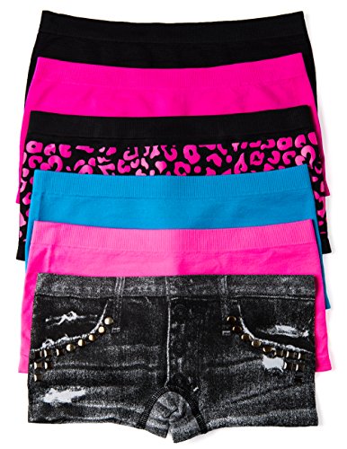 Caramel Cantina Girls Seamless Boyshort Panties 6-Pack (Girls-Large, 6 Pack:Denim/Leopard)