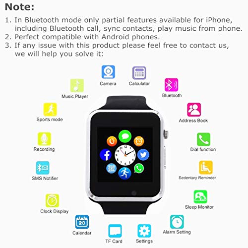 Amazqi Smart Watch, Smartwatch Phone with Camera TF Card Pedometer SIM Card Slot Music Player Compatible for IOS IPhone (Partial Functions) and Android Phone Samsung HUAWEI LG Sony for Men Women Teens