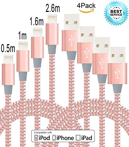 Mscrosmi 4Pack 0.5M 1M 1.6M 2.6M Nylon Braided Lightning to USB Cable for Apple iPhone 7/7 Plus/6/6s/6 Plus/6s Plus/5/5c/5s/SE/iPad/iPod and More (Rose gold &amp; Gray)