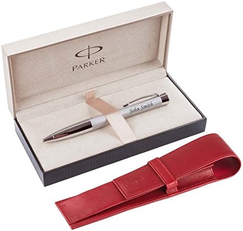 Personalised Gift Idea – PARKER with London Pagani Collection Leather Pouch – Laser engraved pen with your text – Christmas, Birthday, Anniversary Gift – Pen Parker Urban Fast Track Silver CT - big box + PAGANI Red