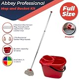 Abbey Professional Mop Bucket Set Heavy Duty Wringer 12L Red 2 Cotton Mop Heads view 2
