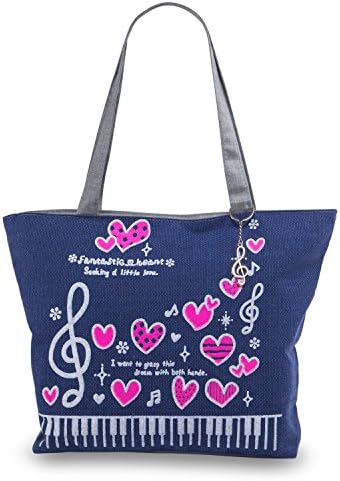 Pardao Music Notes Tote Bag with Piano Keyboard, Treble Clef and Pink Hearts (Purple)