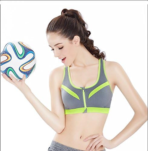 Women's Front Zip and Double Layer Sports Bra Wireless High Impact Active Yoga Gym Sports Bras (M, Gray)