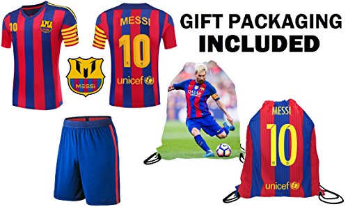 Lionel Messi #10 Barca Youth Kids Soccer Jersey ✓ Shorts ✓ Picture Bag ✓ ✓Premium Soccer Gift by Fan Kitbag (YS 6-8 Years, Home Short Sleeve)