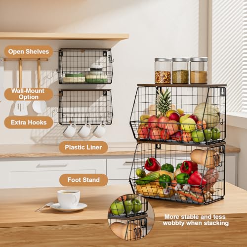 Gaethra 2 Pieces Kitchen Fruit Bowls 30 x 16.5 x 20 cm Removable and Foldable with Banana Hook and Wooden Lid Fruit Basket Rack Baskets for Fruits, Organize Kitchen and Store Vegetables (Black)
