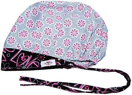 MedCap Hat Bouffant Scrub Cap with ties Ponytail Loving Scrops Black and Gray
