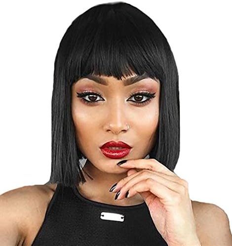 SHANGKE Black Bob Wigs for Women 14'' with Flat Bangs Straight Short Hair Bob Wigs Synthetic Wigs for Women
