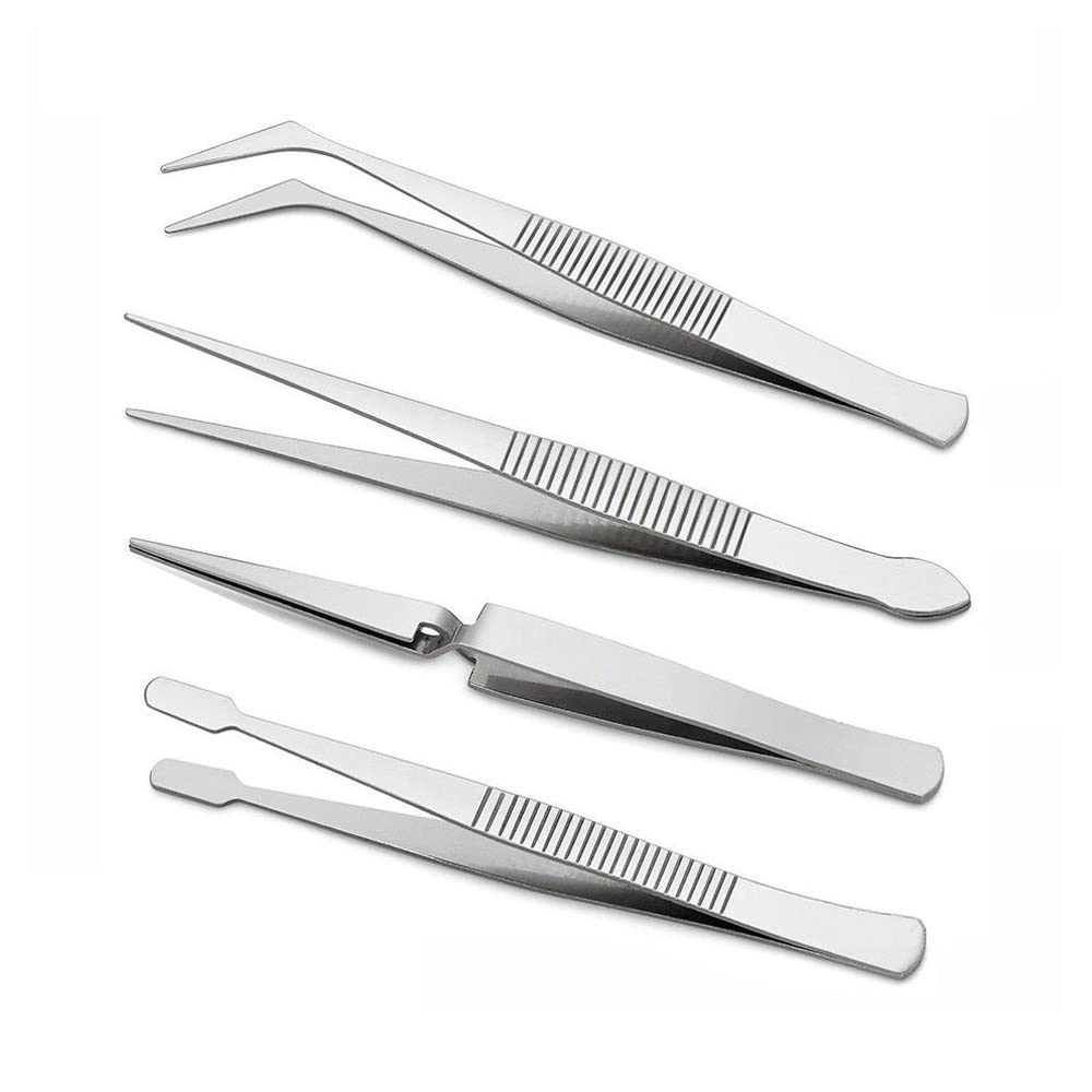 4-Piece Tweezers Set - Professional Stainless Steel Self Locking Hobby Tweezers for Craft/Jewellery/Stamps/Model Making/Electronics,Stone Picking Tool