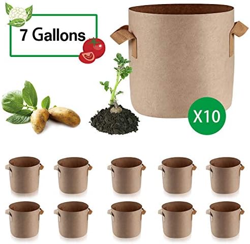 Anleolife 10-Pack 7 Gallon Potato Grow Bags, Fabric Planter Pots for Beets Strawberries Cucumbers (Tan)