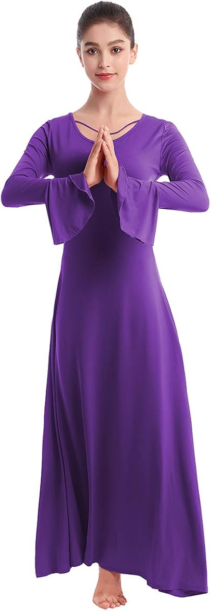 Womens Praise Bell Long Sleeve Dance Dress Loose Fit Full Length Liturgical Lyrical Worship Dancewear: Clothing