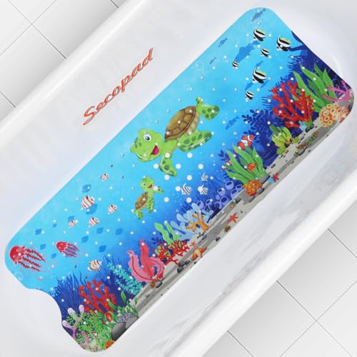 Secopad Children's Bath Mat for Bathtub, 100 x 40 cm, Cartoon Non-Slip Mat, Bathtub Baby, Bath Mat Non-Slip with Suction Cups, 100% BPA Free & Machine Washable, Turtles