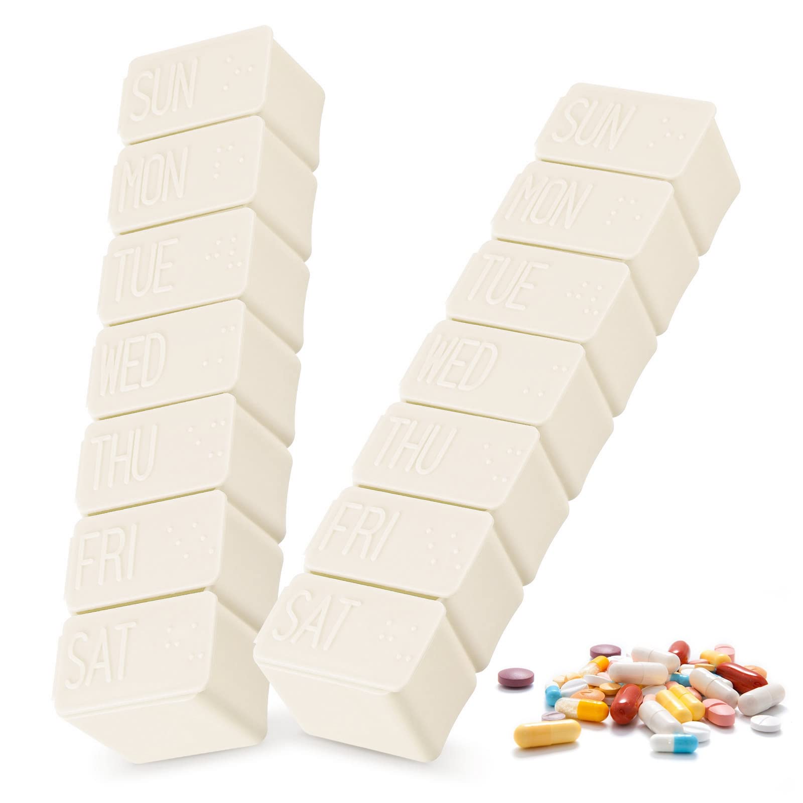 2 PCS Pill Organiser, 7 Day Pill Boxes Weekly Pill Box Reminder Portable 7 Day Tablet Boxes for Hold Vitamins, Cod Liver Oil, Supplements and Medication with Large Separate Compartments (White)