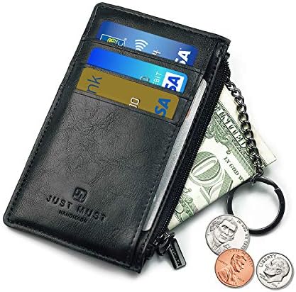 Slim Minimalist Wallet, Credit Card Holder, RFID Blocking, Front Pocket Wallets with Keyring and Zipper for Men Women