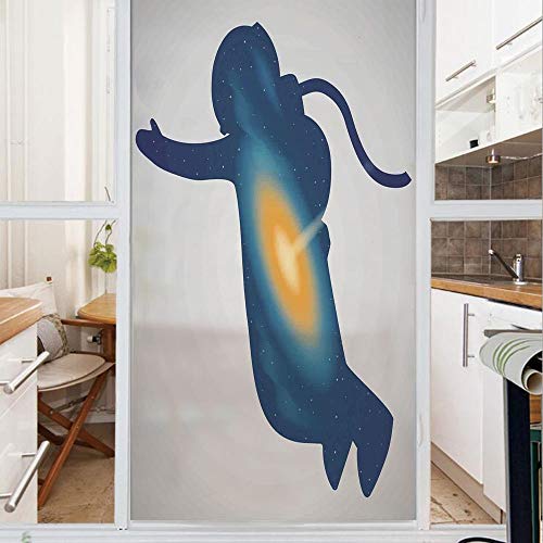 Decorative Privacy Window Film/Cosmonaut Shadow Wearing Nebula Star Spacesuit Double Exposure Image/No-Glue Self Static Cling for Home Bedroom Bathroom Kitchen Office Decor Blue Yellow
