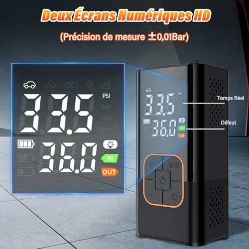 Compresseur de Gonflage Pneus Portable 150 PSI 7.4V – Pompe à Air sans Fil Digitale avec Batterie 1800mAh×2, Pression Préréglée, Arrêt Automatique et LED pour Voiture Moto Vélo Ballons