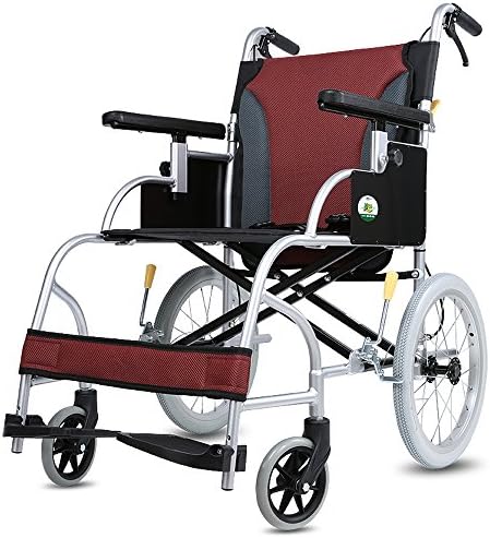 LYYYL Wheelchair Lightweight Folding Portable Transport Chair with Bags Solid Tires Seatbelt Hand Brakes Comfortable Armrest Seat Heavy Duty 220lbs Swing Away Foot Rrests for Men and Women Red